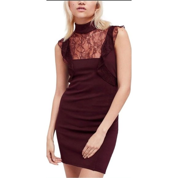NWT Free People Beaumont Muse Lace Detail Dress Sz S Plum Mock Neck Ruffle 6503 - Picture 1 of 11